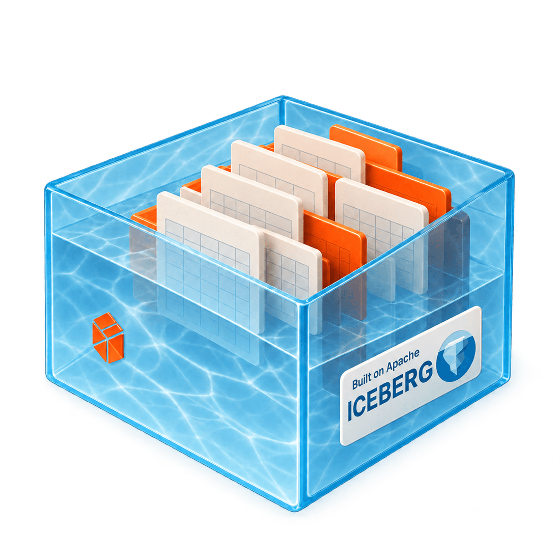 A translucent blue box holding table cards: public datasets kept in open formats, ready to be joined with your own.